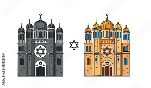 Detailed illustration of a synagogue building with a star of david symbol