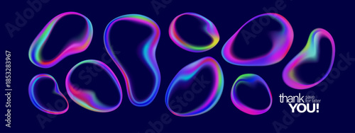 Abstract fluid shapes with transparent gradient textures. Colorful glass spheres and soap bubbles create dreamy crystal effects featuring purple, pink, and blue tones on clean backdrop