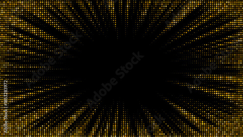 Radiant sunburst with halftone texture features sparkling confetti, luminous rays, and shimmering particles on a luxurious backdrop perfect for celebrations and festive designs