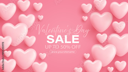 Pink 3D heart balloons floating on white background. Valentine's Day romantic decoration with glossy heart shapes. Love celebration design with cute festive elements