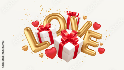 Love And Gifts Glow With Gold Letters And Balloons By Design. Romantic Celebration With Presents, Hearts, And Festive Decor For Friends And Family. Vector Illustration Background.
