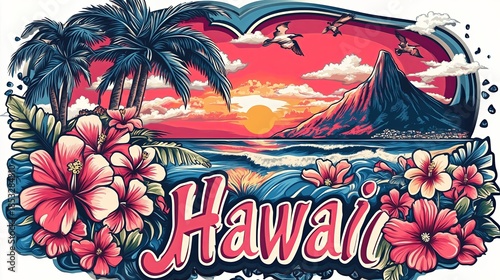Vibrant hibiscus blooms frame a tropical Hawaiian sunset over palm trees and a volcanic peak. The bold “Hawaii” script captures island spirit, warmth, and paradise vibes.