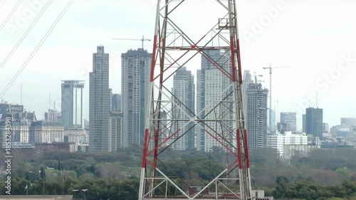 Ship Bridge View Passing Under High Voltage Lines Near Buenos Aires Skyline, Argentina