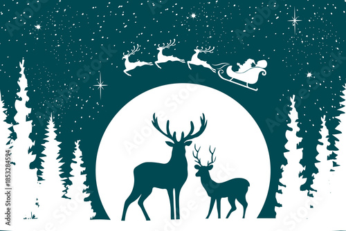 The magic of the Christmas forest in a stylized vector illustration.Stylized vector illustration with deer in a winter forest and Santa in a sleigh against the background of the moon.