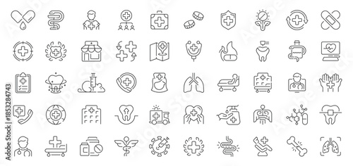 Medicine icons set. editable line icons, healthcare, medical equipment, outline style