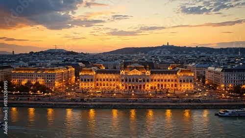 Majestic Hungarian Parliament Building illuminated at sunset with boats on the Danube River