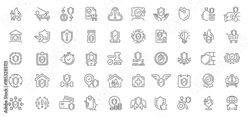 Insurance icons set. editable line icons, outline, protection, safety symbols