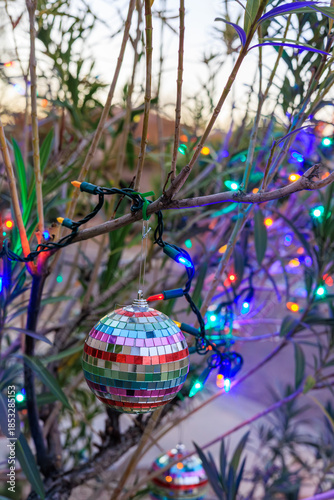 Colorful Rainbow-mirrored Disco Ball Ornament Hanging in between Tree Twigs, Shallow DOF