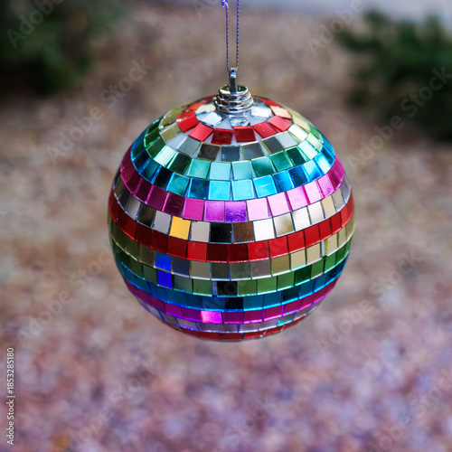 Rainbow-mirrored Disco Ball Ornament Hanging from a Tree above the Ground, Shallow DOF