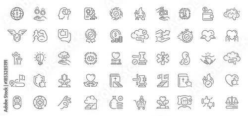 Core values icons set . editable line icons, outline, principles, mission, vision