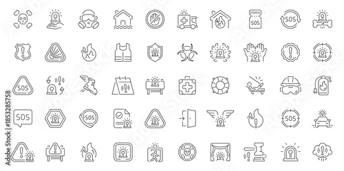 Emergency icons set. editable line icons for safety, alert, and rescue designs