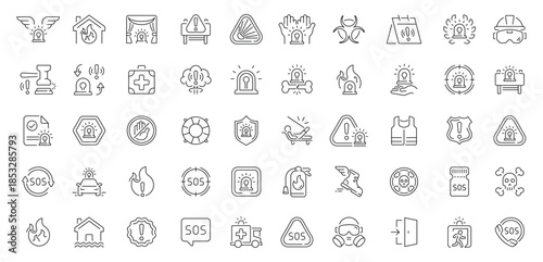 Emergency icons set. editable line icons, outline, safety and first aid symbols