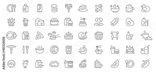 Food and beverage icons set. editable line icons, outline, culinary and dining symbols