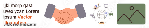 Business collaboration, teamwork, networking, global communication, technology, digital connectivity. Handshake symbol, globe with icons and image graphic. Business collaboration and global