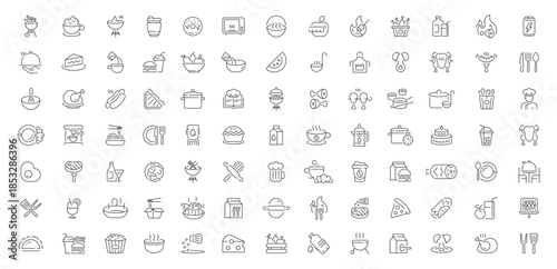 Cooking and kitchen icons set. editable line icons, outline, culinary symbols