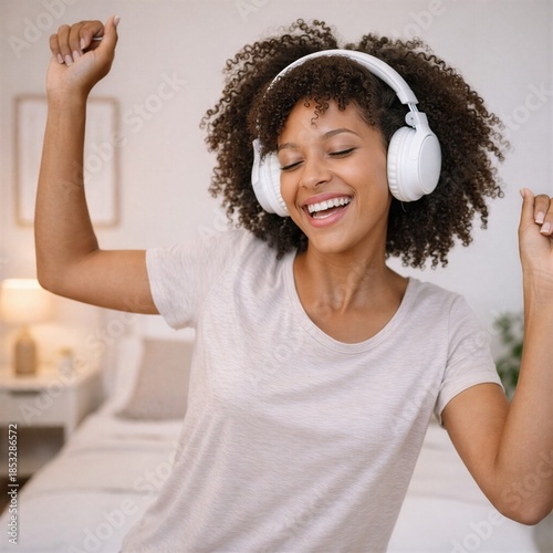Happy young African American woman dancing and enjoying music with headphones in her cozy bedroom, expressing joy and freedom.