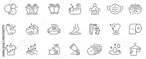 Hygiene icons set. editable line icons, outline, sanitation and cleanliness symbols