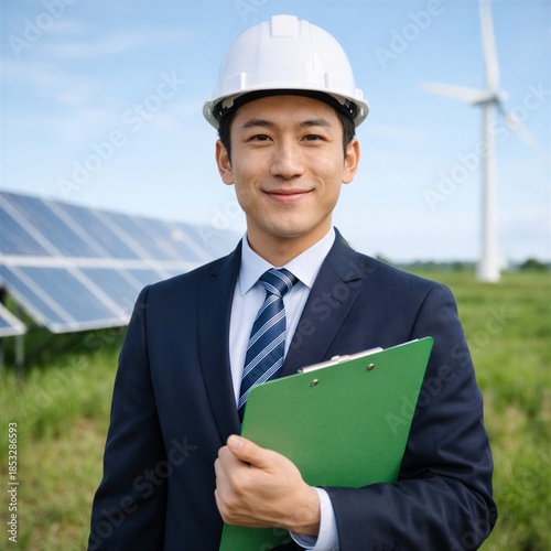 Professional Asian engineer working in renewable energy sector, standing near solar panels and wind turbines.