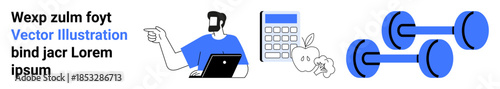 Fitness, health tracking, technology, healthy lifestyle, workout, wellness. A man with a laptop, a calculator apple and dumbbells. Fitness and health tracking concept