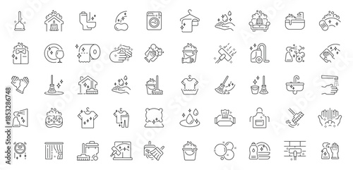 Cleaning and hygiene icons set . editable line icons, outline, sanitation symbols