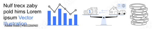 Data analysis, financial growth, budgeting, real estate, market trends, economic stability. Bar chart, scales real estate icons and coin stacks. Financial growth and budgeting concept