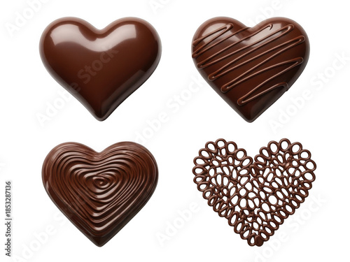 Four chocolate hearts isolated on transparent background