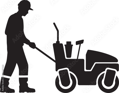 Silhouette of a worker operating a roller compactor steamroller construction