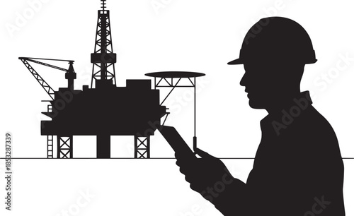 Silhouette of an oil rig worker using a smartphone with an offshore platform engineer