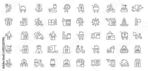Food delivery icons set. editable line icons, outline, courier and logistics symbols