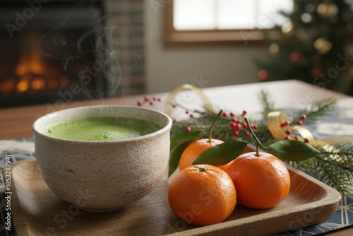 Traditional Japanese tea served with fresh mikan tangerines on a cozy table, creating a calm New Year mood.