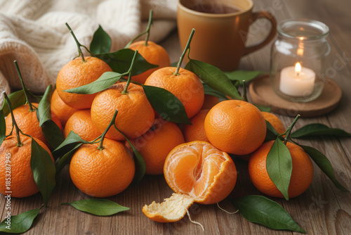 Fresh Japanese mikan tangerines arranged on a wooden table, creating a warm and seasonal holiday atmosphere.