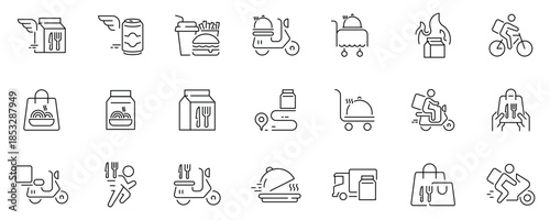 Food service icons set. editable line icons with linear dining and delivery symbols