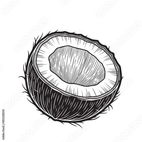 Vector drawing depicting a halved coconut, revealing the white flesh and internal texture in an artistic woodcut manner.