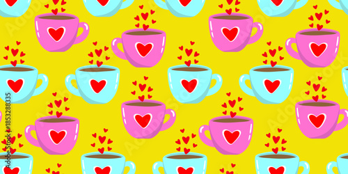 cute seamless pattern with pink and blue coffee cups and red hearts on bright yellow background cheerful romantic wallpaper for valentines day textile design