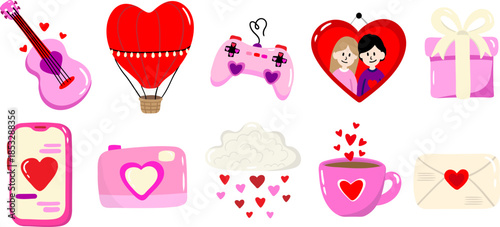 set of cute romantic stickers and icons for wedding or valentines day with hearts cloud rain letter gamepad and couple portrait isolated vector illustration