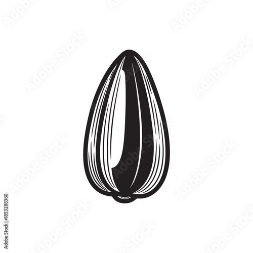 Minimalistic vector graphic of a single sunflower seed in its striped shell, designed in a classic woodcut style.