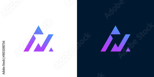 Abstract geometric logo mark design with purple gradient on white and dark backgrounds