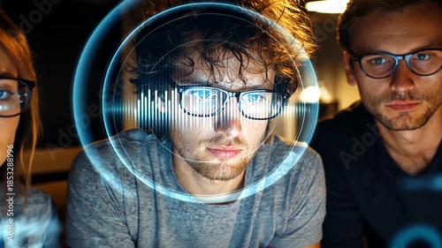 Three young adults working together on a futuristic technology project.