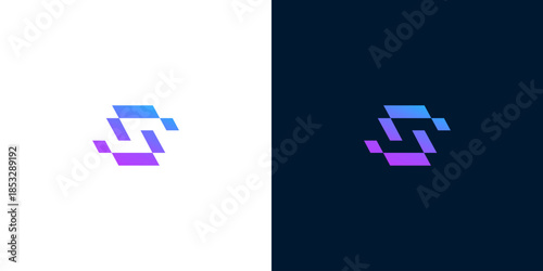 Modern abstract letter S logo design featuring a dynamic gradient of purple and blue pixelated shapes, suitable for technology, startup, or digital branding