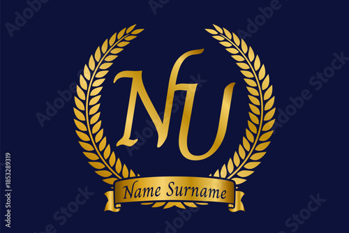 Initial letter N and U, NU monogram logo design with laurel wreath. Luxury golden calligraphy font.