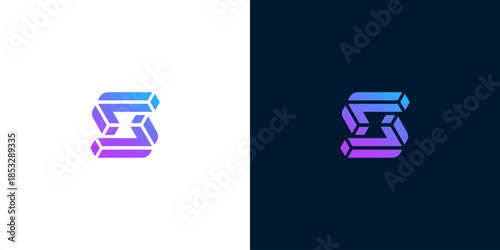 Sleek and abstract letter S design, featuring a captivating geometric structure and a vibrant gradient color palette, embodying modern digital identity