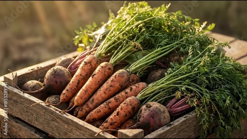 Freshly harvested carrots and beets in a wooden crate outdoors