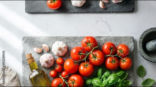 Fresh tomatoes and herbs arranged on a stone slab with olive oil and garlic
