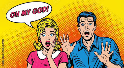 Man and woman with shocked mood exclaiming against vibrant comic book background with copy space
