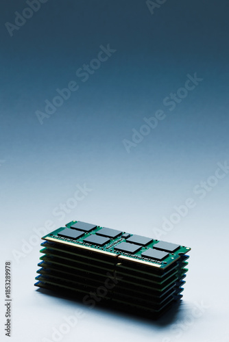 Stacked laptop ddr memory modules on grey background