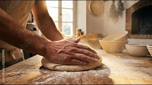 Baker kneading dough on a floured surface in a traditional kitchen with natural light