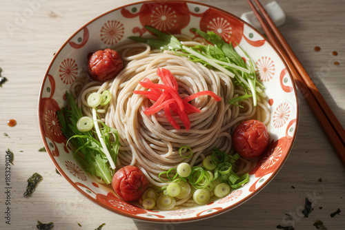 Seasonal Japanese buckwheat noodles in a ceramic bowl, styled for a calm and festive New Year scene.