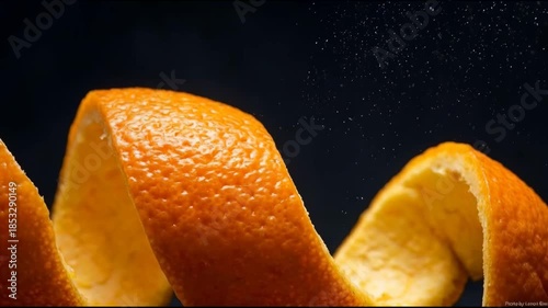 Orange peels curled and twisted against a dark background with water splashes