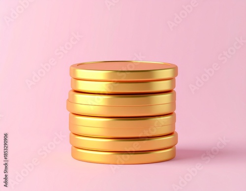 Stack of golden coins on a minimalist pink background, symbolizing financial growth, savings, wealth, and investment