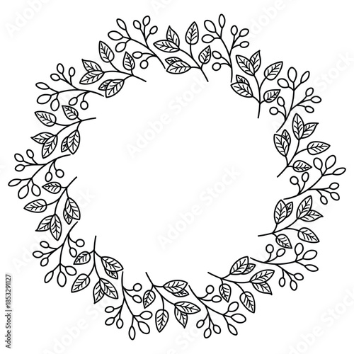 Botanical graphic elements frame round shape with copy space. Black linea objects isolated on white background. Floral border with twigs of different leaves. Vector design for banner template.